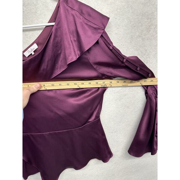 Parker Womens Medium Dark Plum Cold Shoulder Silk Peasant Blouse Top 100% Silk - Picture 10 of 10